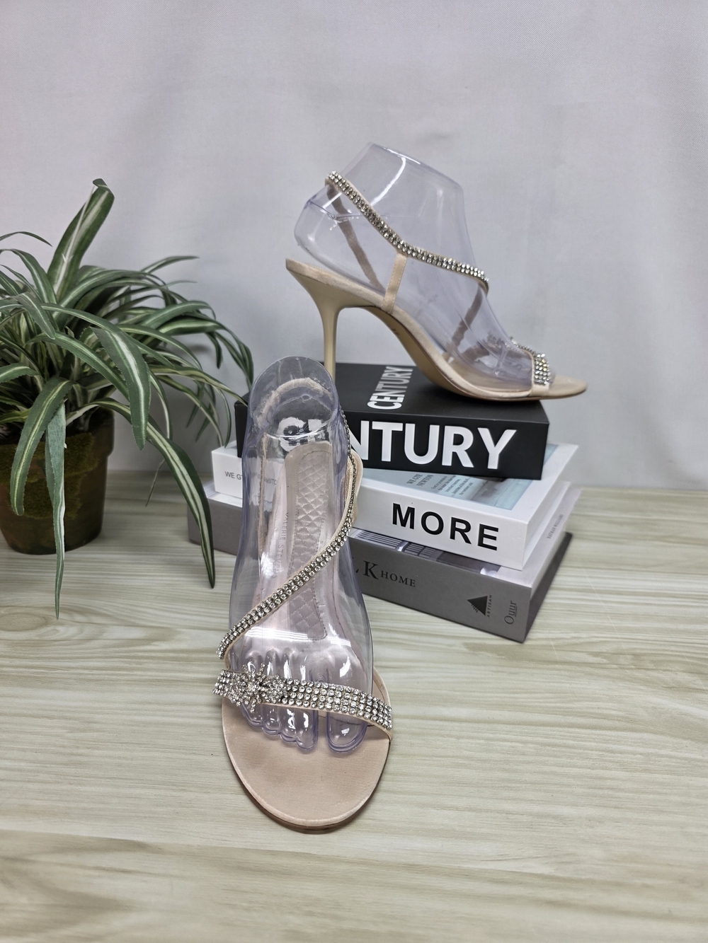 Valerie Stevens Clear PVC Nude Heeled Sandals with Rhinestones